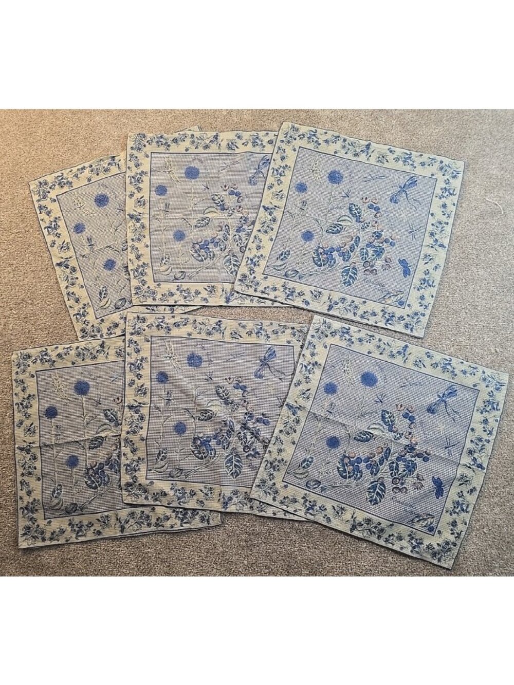 6 Vtg April Cornell 2000 Napkins Damselfly 16"x16" Dragonfly Blue Gingham Floral